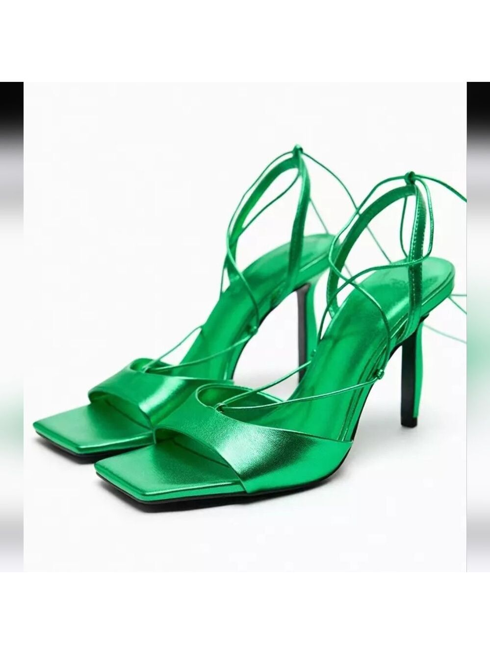 NWOT Zara Metallic Green Lace-up Leather Sandals, Size 7.5 - Picture 1 of 17